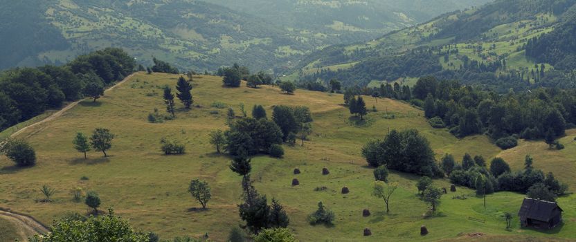 Wide panoramic scenic view at high mountain summer landscape in mountains  Carpathians, Ukraine