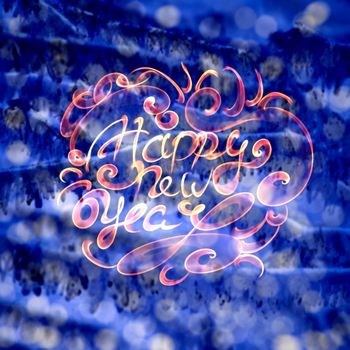 Happy new year isolated words lettering written with fire flame or smoke on blurred light bokeh background.