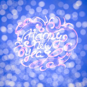 Happy new year isolated words lettering written with fire flame or smoke on blurred light bokeh background.