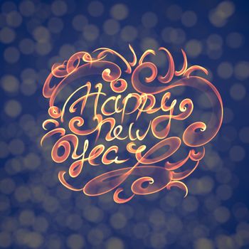 Happy new year isolated words lettering written with fire flame or smoke on blurred light bokeh background.