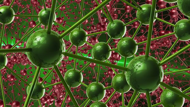 red and green Molecular geometric chaos abstract structure. Science technology network connection hi-tech background 3d rendering illustration.