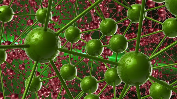 red and green Molecular geometric chaos abstract structure. Science technology network connection hi-tech background 3d rendering illustration.