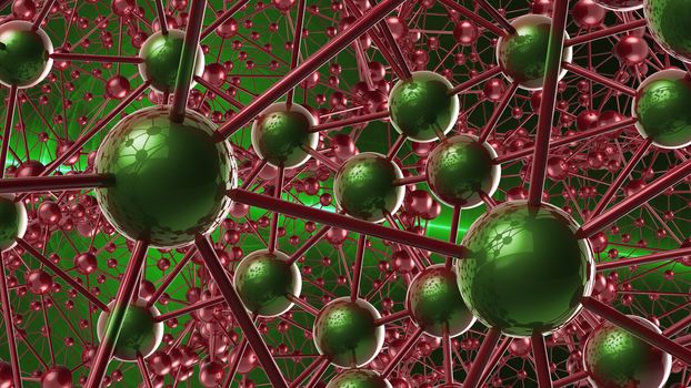 red and green Molecular geometric chaos abstract structure. Science technology network connection hi-tech background 3d rendering illustration.