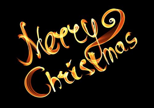 Merry Christmas isolated text written with flame fire light on black background. Violet and Yellow color.