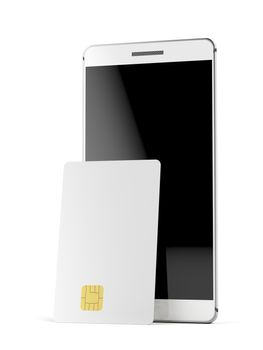Blank bank or telephone card and smartphone on white background 