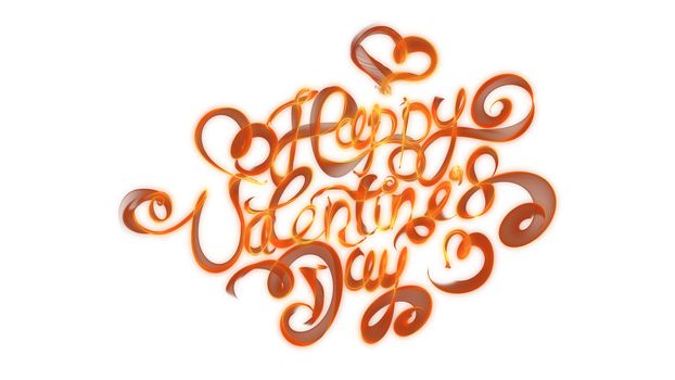 Happy Valentines day vintage lettering written by fire or orange smoke over white background.