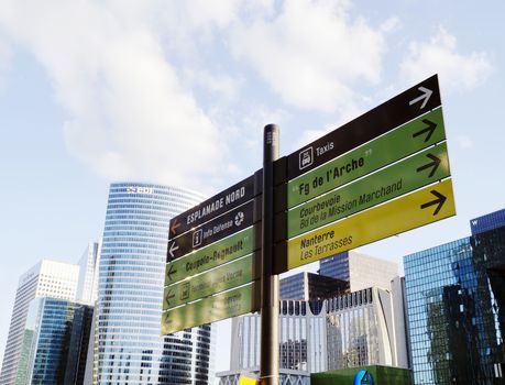 PARIS, FRANCE - SEPTEMBER 29, 2015: Information signs at La Defense business district in Paris, France