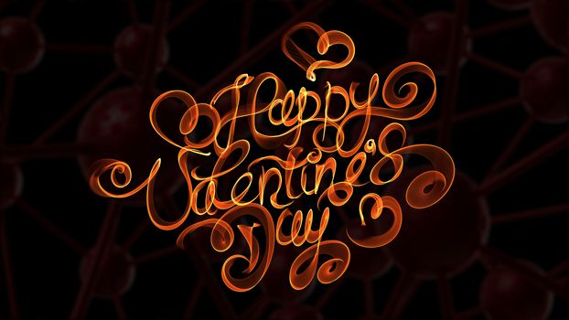 Happy Valentines day vintage lettering written by fire or orange smoke over black background.