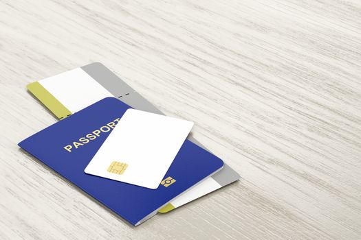Passport and blank bank card and boarding pass on wooden table 
