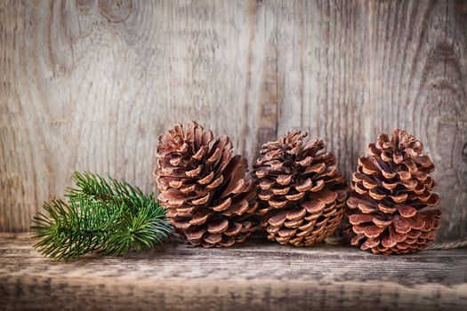 Natural wooden background with pine cones  and branch