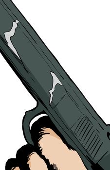 Illustration of close up on finger in trigger of handgun