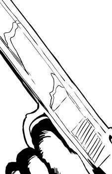 Outline illustration of close up on finger in trigger of automatic pistol