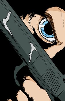 Extreme close up on obscured face with blue eye holding pistol under eye
