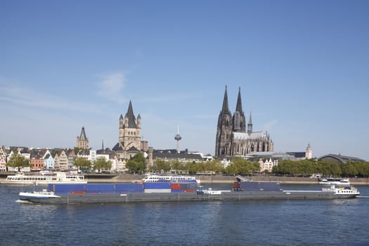Church Gross Sankt Martin with Cathedral and River Rhine, Cologne, Germany