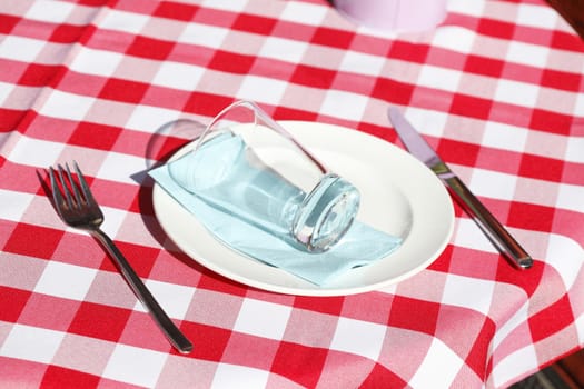 Checked table cover, cutlery, plate, glass 