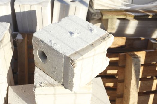 with hoarafrost coated white Building Stone on a construction site