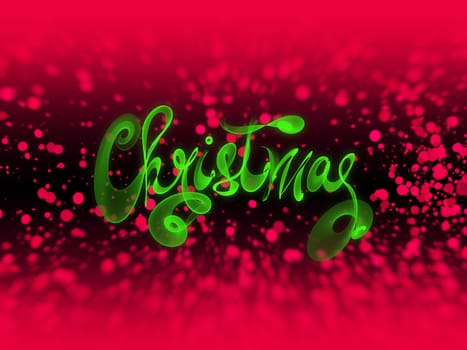 Christmas word lettering written with green fire flame or smoke on blurred bokeh background.