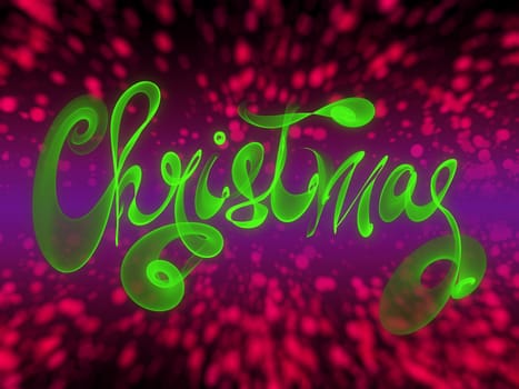 Christmas word lettering written with green fire flame or smoke on blurred bokeh background.