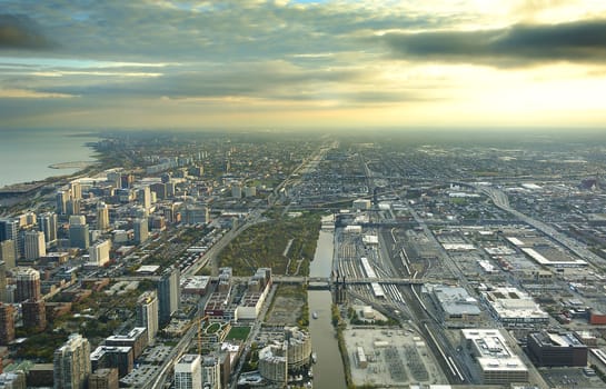 Chicago Downtown Skyline aerial view in a cloudy day