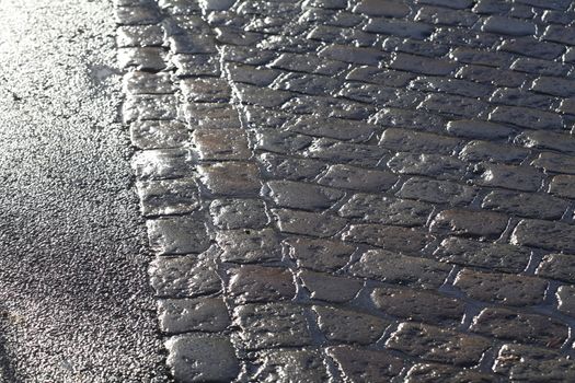 wet glittering paving stones on street