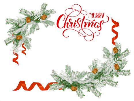 Christmas frame of fir branches and ribbons with the text of Merry Christmas and place for text. Calligraphy lettering.