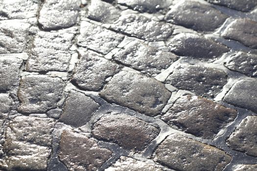 wet glittering paving stones on street
