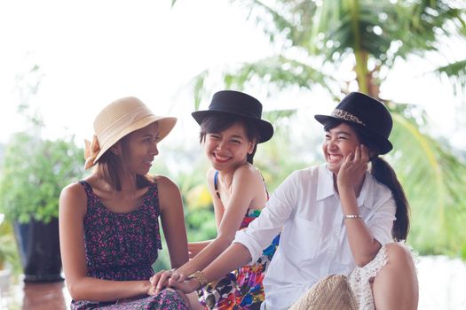 portrait group of young asain woman friend relax and talking with happiness face in vacation holiday 