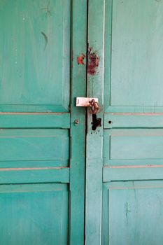 wooden Green retro door. Old architectural element. Vibrant colors.