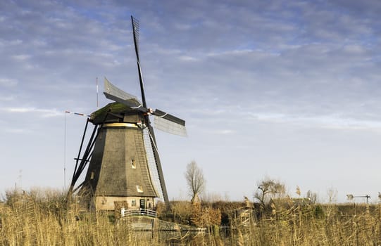 UNESCO World Heritage windmills in Kinderdijk in Holland europe, windmills at the water with reflection and twilight
