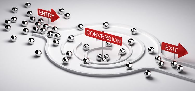 3D illustration of a conversion funnel with entry and exit, Business or Marketing concept of leads to sales ratio, horizontal image.