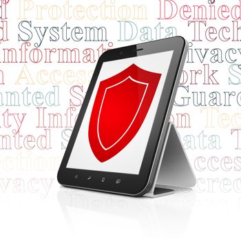 Protection concept: Tablet Computer with  red Shield icon on display,  Tag Cloud background, 3D rendering