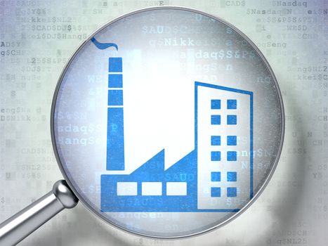 Business concept: magnifying optical glass with Industry Building icon on digital background, 3D rendering