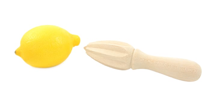 Whole lemon and wooden citrus reamer, isolated on a white background
