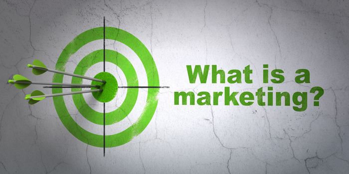 Success marketing concept: arrows hitting the center of target, Green What is a Marketing? on wall background, 3D rendering