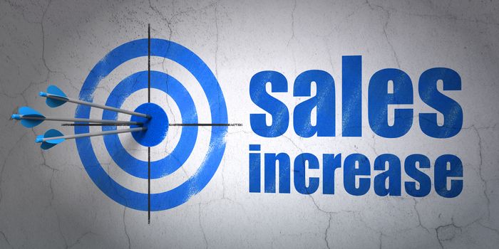 Success marketing concept: arrows hitting the center of target, Blue Sales Increase on wall background, 3D rendering