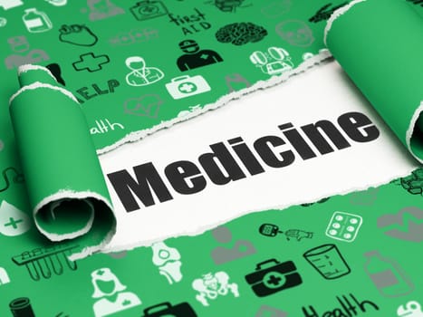 Healthcare concept: black text Medicine under the curled piece of Green torn paper with  Hand Drawn Medicine Icons, 3D rendering