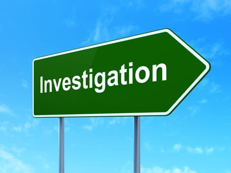 Science concept: Investigation on green road highway sign, clear blue sky background, 3D rendering