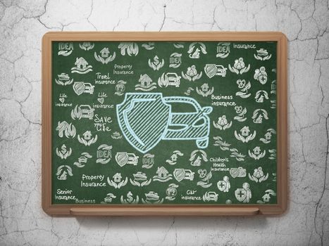 Insurance concept: Chalk Blue Car And Shield icon on School board background with  Hand Drawn Insurance Icons, 3D Rendering