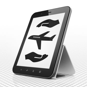 Insurance concept: Tablet Computer with black Airplane And Palm icon on display, 3D rendering