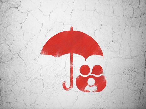 Security concept: Red Family And Umbrella on textured concrete wall background
