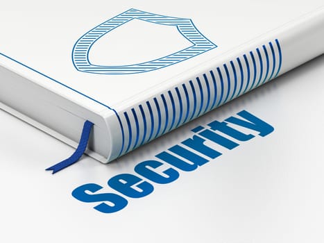 Security concept: closed book with Blue Contoured Shield icon and text Security on floor, white background, 3D rendering