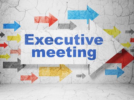 Finance concept:  arrow with Executive Meeting on grunge textured concrete wall background, 3D rendering