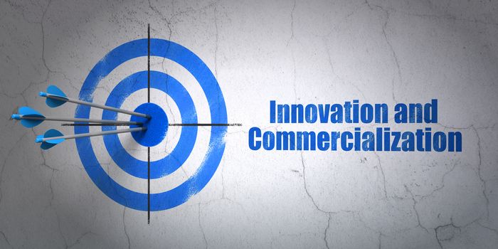 Success Science concept: arrows hitting the center of target, Blue Innovation And Commercialization on wall background, 3D rendering