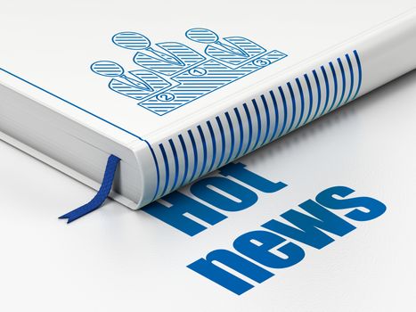 News concept: closed book with Blue Business Team icon and text Hot News on floor, white background, 3D rendering