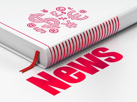 News concept: closed book with Red Finance Symbol icon and text News on floor, white background, 3D rendering