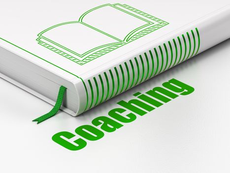 Learning concept: closed book with Green Book icon and text Coaching on floor, white background, 3D rendering