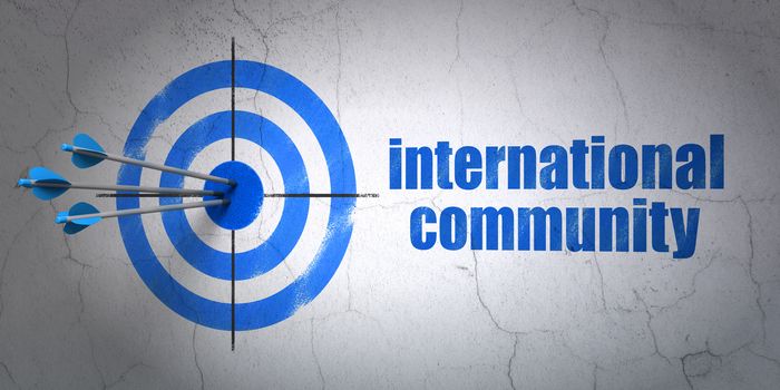 Success political concept: arrows hitting the center of target, Blue International Community on wall background, 3D rendering