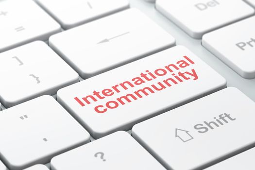 Political concept: computer keyboard with word International Community, selected focus on enter button background, 3D rendering