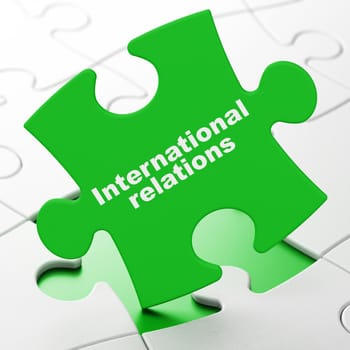 Political concept: International Relations on Green puzzle pieces background, 3D rendering