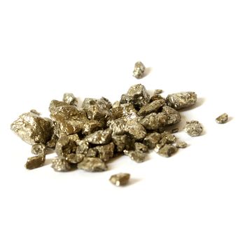An isolated pile of one troy ounce weighed gold nuggets.